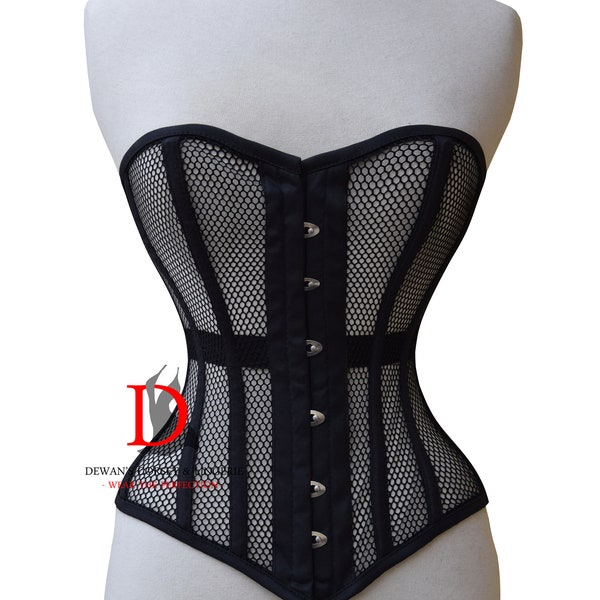 Steel Boned Mesh Corset Heavy Duty Waist Trainer Tight Lacing Black Overbust Corset