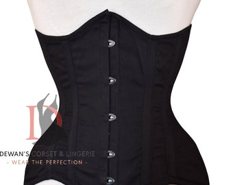 Heavy Duty Underbust Waist Trainer Steel Boned Cotton Black Corset