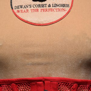 May include: A red corset with a black mesh panel and a silver metal hook and eye closure. The corset is worn over a beige shirt with a red and black embroidered patch that reads "Dewan's Corset & Lingerie -Wear the Perfection-"