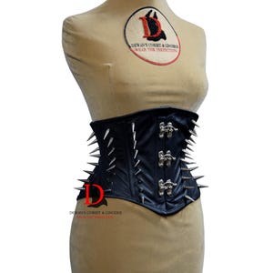 Leather Waspie Corset Goth Style Spikes Corset Silver Claps Goth Corset Underbust Black Leather Corset