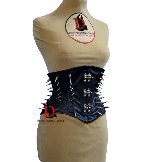 Leather Waspie Corset Goth Style Spikes Corset Silver Claps Goth Corset Underbust Black Leather Corset