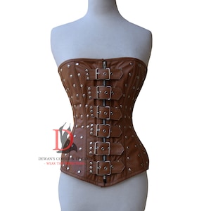 Genuine Leather Overbust Corset Steampunk Studs with Zipper & Buckle Closure Heavy Duty Waist Trainer Steel Boned Corset