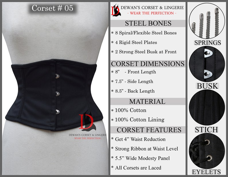 May include: Black corset with steel bones, a busk closure, and eyelet lacing. The corset features 8 spiral/flexible steel bones, 4 rigid steel plates, and 2 strong steel busks at the front. It is made of 100% cotton and has a 100% cotton lining. The corset is designed to provide 4 inches of waist reduction.