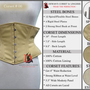 May include: A beige corset with steel bones, a busk closure, and eyelets. The corset is made of 100% cotton and has a 4-inch waist reduction. Corset # 06.