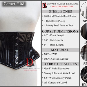 May include: Black patent leather corset with steel bones, a busk closure, and eyelets. The corset features a 4-inch waist reduction, a wide modesty panel, and is laced up the front.  Corset # 03.