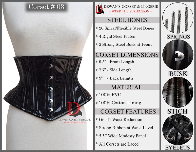 May include: Black patent leather corset with steel bones, a busk closure, and eyelets. The corset features a 4-inch waist reduction, a wide modesty panel, and is laced up the front.  Corset # 03.