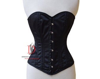 Heavy Duty Overbust Waist Trainer Women's Satin Corset , Waist Training Black Satin Double Steel Boned Satin Corset