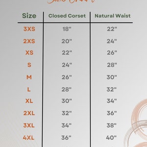 Puede incluir: Una tabla de tallas para cors&eacute;s, que muestra las medidas correspondientes de cors&eacute; cerrado y cintura natural en pulgadas para las tallas 3XS a 7XL.