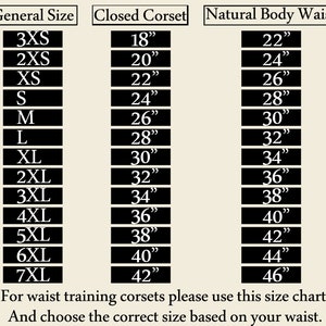 May include: A size chart for waist training corsets, showing the general size, closed corset size in inches, and natural body waist size in inches. The chart includes sizes from 3XS to 7XL.