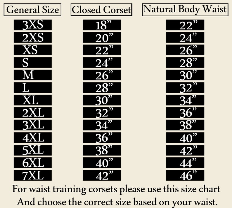 May include: A size chart for waist training corsets, showing the general size, closed corset size in inches, and natural body waist size in inches. The chart includes sizes from 3XS to 7XL.