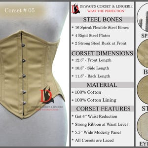 May include: A beige corset with steel bones, a busk closure, and eyelets for lacing. The corset features a 4-inch waist reduction, a wide modesty panel, and a strong ribbon at the waist level. The corset is made of 100% cotton and has a cotton lining.