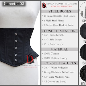 May include: Black corset with steel bones, a busk closure, and eyelets. The corset features a 4-inch waist reduction, a wide modesty panel, and is made of 100% cotton.  The text "Corset # 02" is at the top of the image.