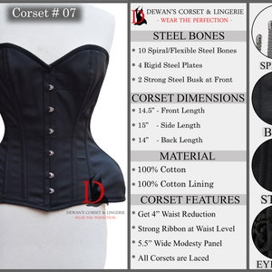 May include: Black corset with a sweetheart neckline and a 4-inch waist reduction. The corset is made of 100% cotton and features 10 spiral steel bones, 4 rigid steel plates, and 2 strong steel busks at the front. The corset also has a 5.5-inch wide modesty panel and is laced up the back.