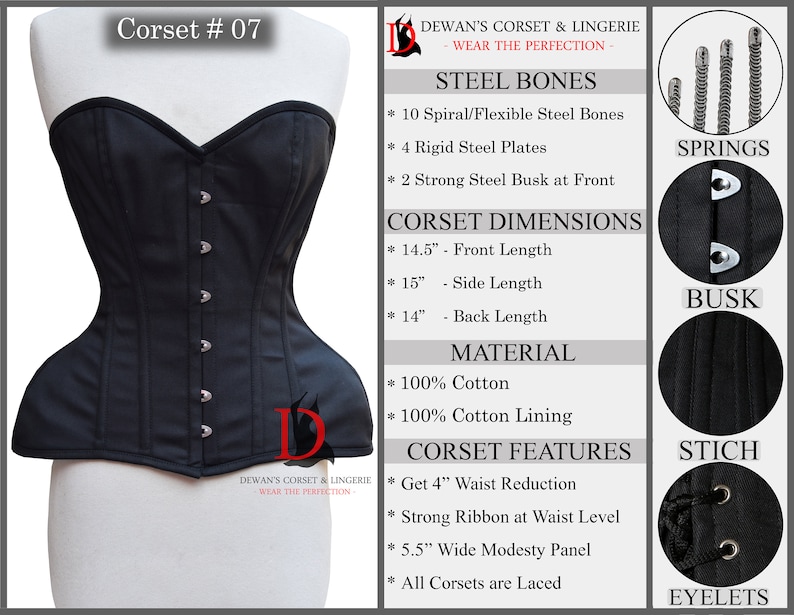 May include: Black corset with a sweetheart neckline and a 4-inch waist reduction. The corset is made of 100% cotton and features 10 spiral steel bones, 4 rigid steel plates, and 2 strong steel busks at the front. The corset also has a 5.5-inch wide modesty panel and is laced up the back.