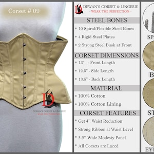 May include: A beige corset with a busk closure and steel bones. The corset has a 4 inch waist reduction and is made of 100% cotton. The corset is shown with a white background and the text "Corset # 09" is visible in the top left corner.