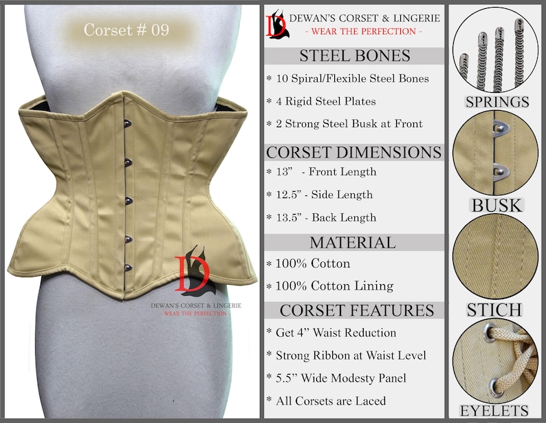 May include: A beige corset with a busk closure and steel bones. The corset has a 4 inch waist reduction and is made of 100% cotton. The corset is shown with a white background and the text "Corset # 09" is visible in the top left corner.