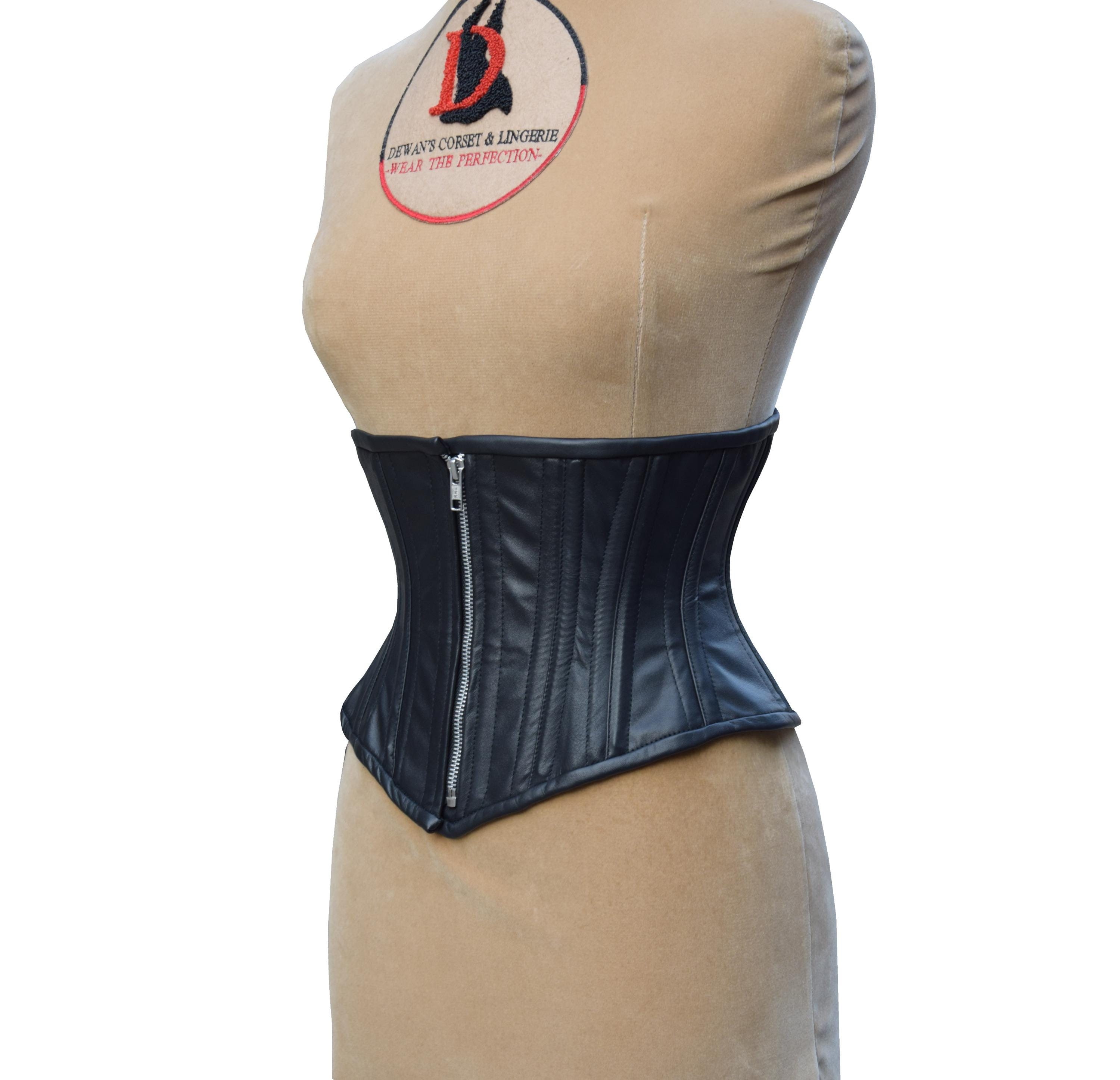 Zipper Genuine Leather Corset Steel Boned Waist Training Goth