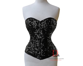 Heavy Duty Overbust Waist Trainer Women's Satin Corset , Waist Training Black Satin Double Steel Boned Satin Corset