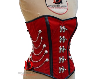 Corsé de terciopelo rojo con cierres de cadenas, estilo corsé negro y rojo, corsé de entrenamiento de cintura con ballenas de acero de terciopelo
