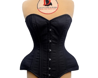 Overbust Cotton Black Curvy Corset Double Steel Boned Corset