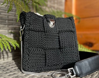 Handmade bag, Crochet bag, All-season bag, Black bag, Trendy bag, Small bag, Vintage bag, Shoulder bag, Handbag, New bag, Check pattern bag