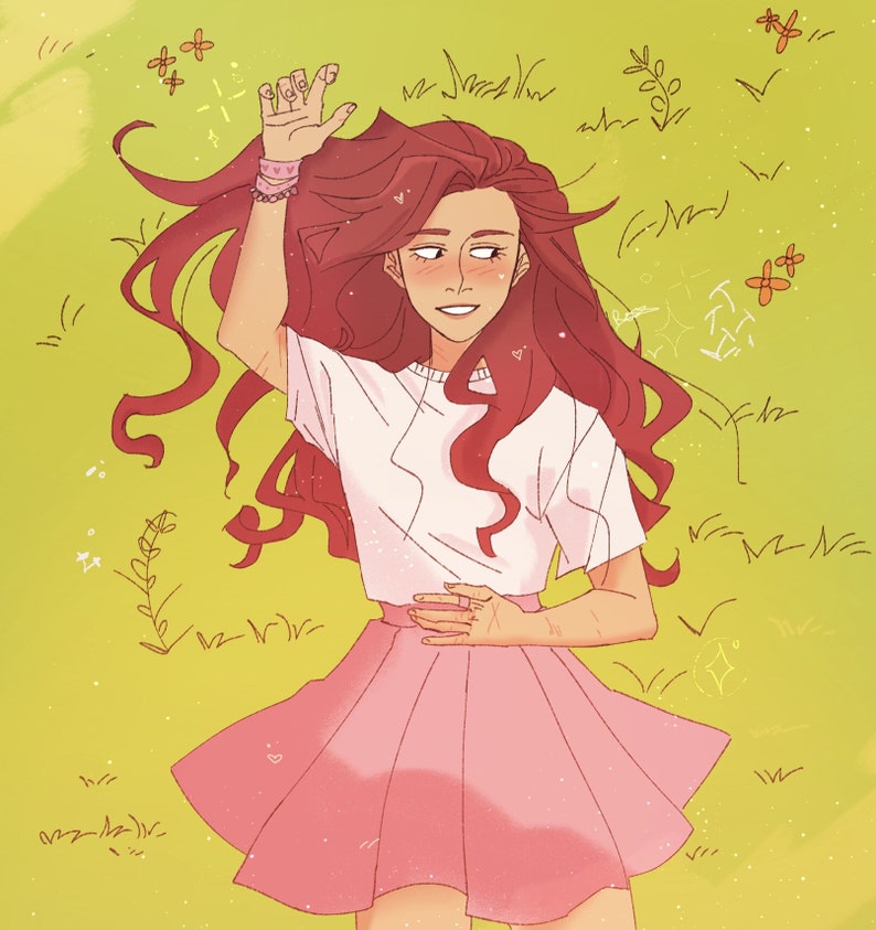 K&ouml;nnte beinhalten: Eine Frau mit langen, lockigen roten Haaren tr&auml;gt ein wei&szlig;es T-Shirt und einen rosa Rock. Sie steht auf einer gr&uuml;nen Wiese mit Blumen und Sternen.