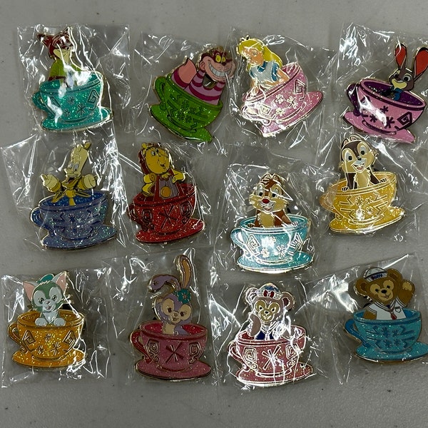 Disney Alice In Wonderland Mad Hatter Tea Cup Pin Set Of 12 Cheshire Cat Duffy