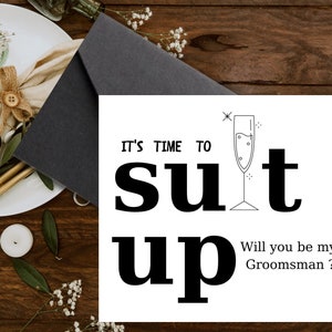 Tarjeta para padrinos de boda, tarjeta para padrinos de boda, tarjeta divertida para padrinos de boda, tarjeta para vestirse con traje, es hora de descargarla, ¿Serás mi padrino de boda?, sé mi padrino de boda, tarjeta para padrino de boda