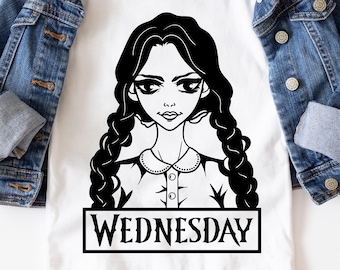 May include: Black and white illustration of a girl with long braids and a collared shirt. The text "WEDNESDAY" is below the image.