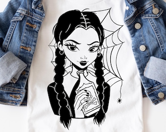 May include: Black and white illustration of a girl with pigtails holding a bottle with a skull and crossbones. The girl is surrounded by a spider web and a spider.