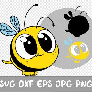 May include: A cartoon bee illustration with a yellow body, black stripes, and large eyes. The bee has blue wings and is smiling. The image includes a black silhouette of the bee and a yellow outline. The bottom of the image has the text: SVG DXF EPS JPG PNG.