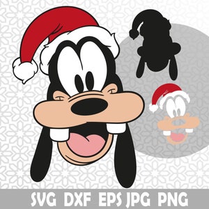 May include: A cartoon illustration of Goofy wearing a red Santa hat with white trim. Goofy is smiling with his mouth open and his tongue sticking out. The background is a white and gray pattern.