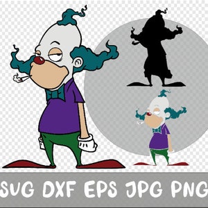 May include: A cartoon illustration of a purple and green clown with blue hair smoking a cigarette. The clown has a bored expression on its face. The image includes a silhouette of the clown and a smaller version of the clown in the background.