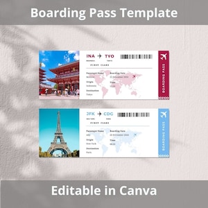 Customizable Airplane Boarding Pass Template - Printable Airline Ticket, - Travel Gift - Digital Download