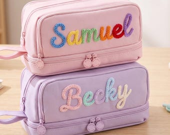 Astuccio in tela personalizzato con nome ricamato, astuccio per il ritorno a scuola, astuccio multistrato, grande capacità, regalo per bambini per il ritorno a scuola.