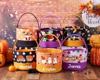 Personalized Halloween Basket For Girls Trick Or Treat Candy Bags Custom Name Basket Halloween Tote Bag Monogram Basket Kids Halloween Gift