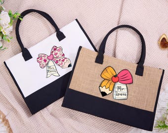 Custom Teacher Tote Bag, Teacher Coquette Bow Bag, Teacher Gift Bag, Personalized Teacher Tote Bag, Teacher Name Gift Bag, Teacher Tote Bag