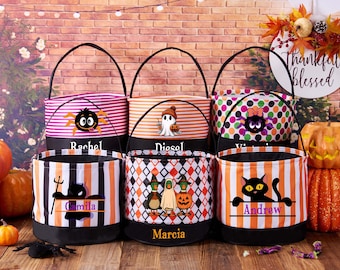 Sacolas de doces de Halloween personalizadas para crianças, doces ou travessuras, para menina ou menino, cesta de Halloween com balde, cesta com nome personalizado, presente de Halloween para crianças