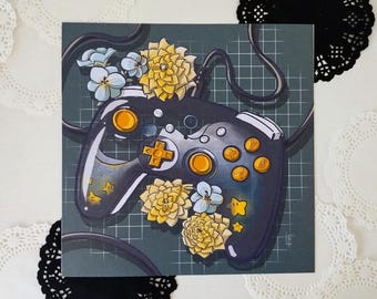 Video Game Controller Art Print | 8x8 Gaming Poster | Girl Gamer Aesthetic Artwork | Star Flower Game Room Decor Gift