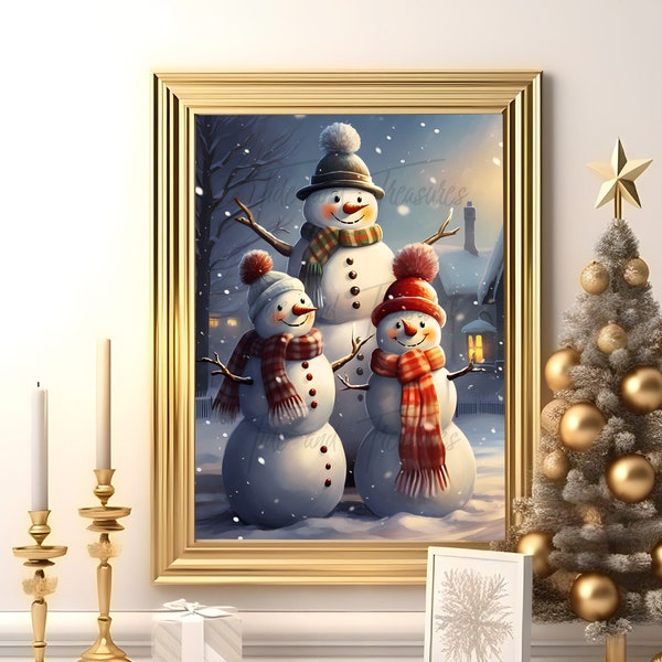The Snowman Family, Christmas Wall Decor, Holiday Decor, Country Decor, Unframed, Snowman Painting