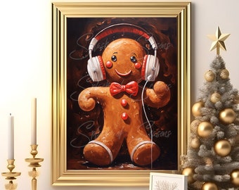 Gingerbread Man Listening to Music,  Cute Christmas Wall Decor, Holiday Decor, Unframed, Christmas Print, Seasonal Decor