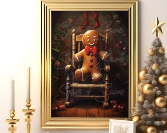 Gingerbread Man On A Rocking Chair,  Cute Christmas Wall Decor, Holiday Decor, Unframed, Christmas Print, Seasonal Decor