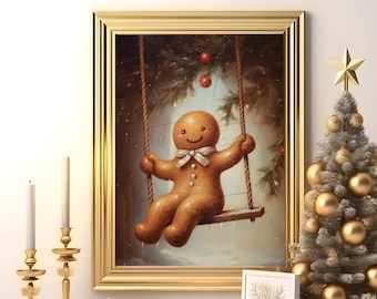 Gingerbread On A Swing,  Cute Christmas Wall Decor, Holiday Decor, Unframed, Christmas Print, Seasonal Decor