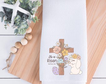 He Is Risen Religious Kitchen Towel, Happy Easter Home Decor, Easter Bunny Decor, Christian Cross Tea Towel, Gift for Her