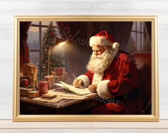 Santa Checking His List, Vintage Christmas Wall Art,  Christmas Wall Decor, Holiday Decor, Unframed, Christmas Print, Seasonal Decor