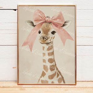 Coquette Room Decor, Giraffe With A Pink Bow, Wall Art Print, Girly Home Decor, Cute Bedroom Wall Art, Nursery Room Print immagine 1