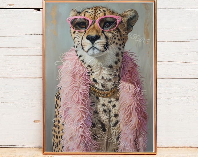 Cheetah In A Pink Feather Boa Wall Art Print, Girly Home Decor, Funny Bedroom Wall Art, Housewarming Gifts, Eclectic Decorations, Edgy Art