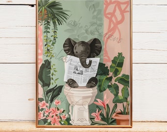 Elephant on the Toilet Art Print, Bathroom Print, Animal Lover Gift, Funny Bathroom Wall Art, Housewarming Gifts, Eclectic Decorations