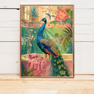 Peacock in The Bathroom Wall Art Print, Tropical Home Decor, Maximalist Decor, Housewarming Gifts, Eclectic Decorations, Funny Bathroom Art