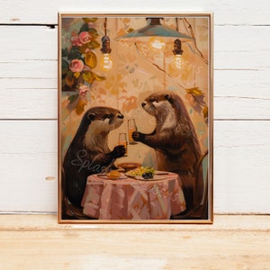 Otter Couple At Dinner Wall Art Print, Anniversary Gifts, Otter Lover Gifts, Housewarming Gifts, Eclectic Home Decor, Romantic